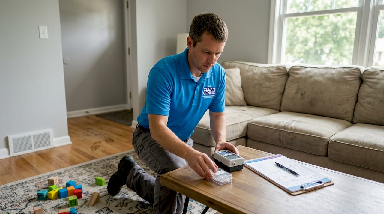 Mold inspector sampling air in family room
