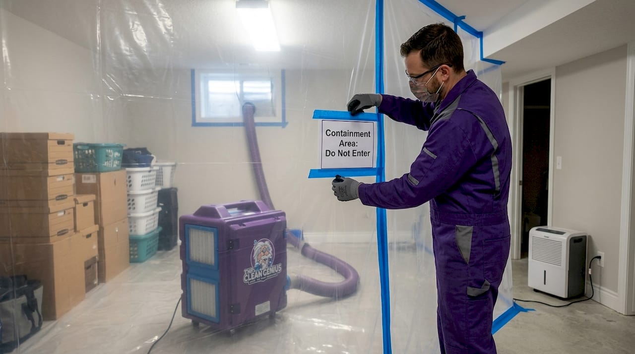 Technician setting up containment for mold removal