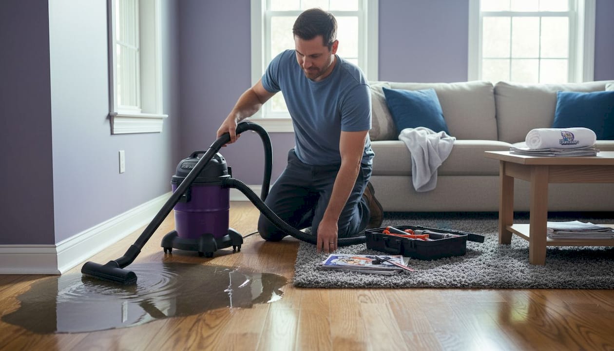 Homeowner using wet vacuum for water extraction
