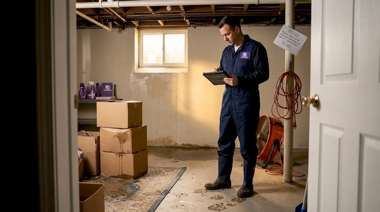 Restoration specialist documents water damage in basement