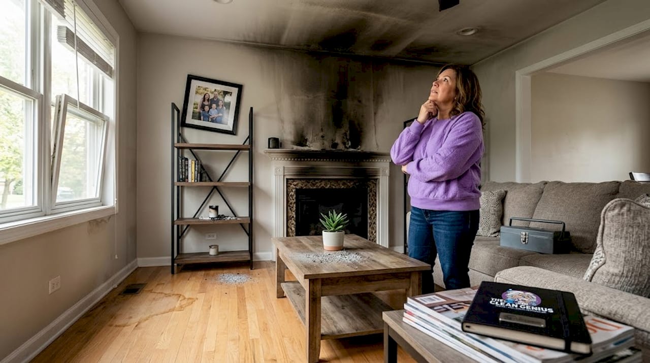 Homeowner inspecting fire-damaged living room