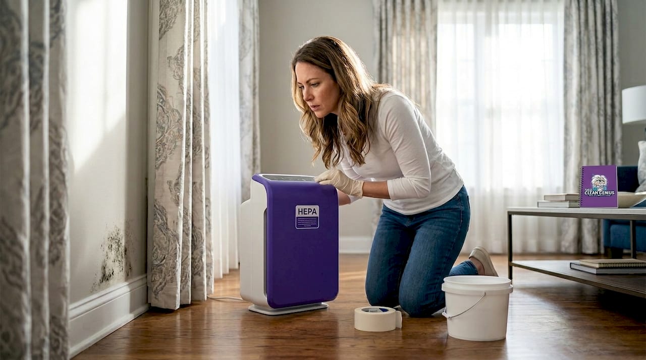 Homeowner checking mold with HEPA purifier nearby