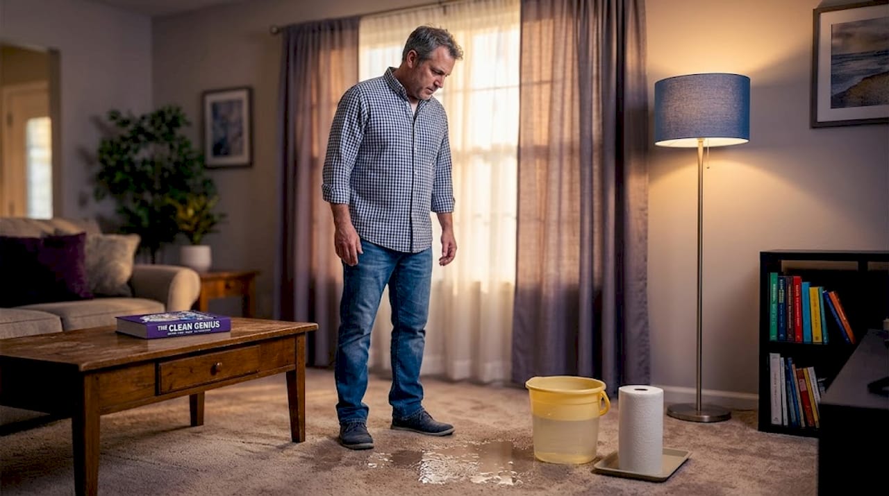Homeowner surveys flooded carpet in living room