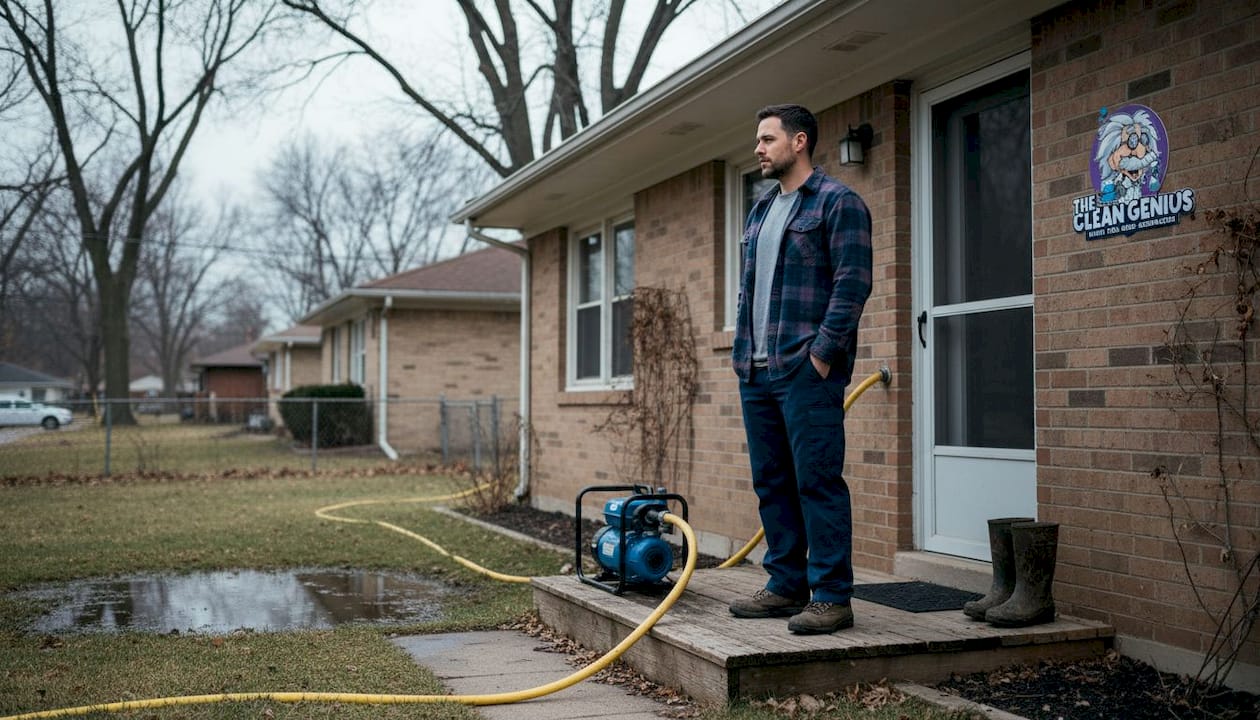 Homeowner surveys flood damage outside brick home