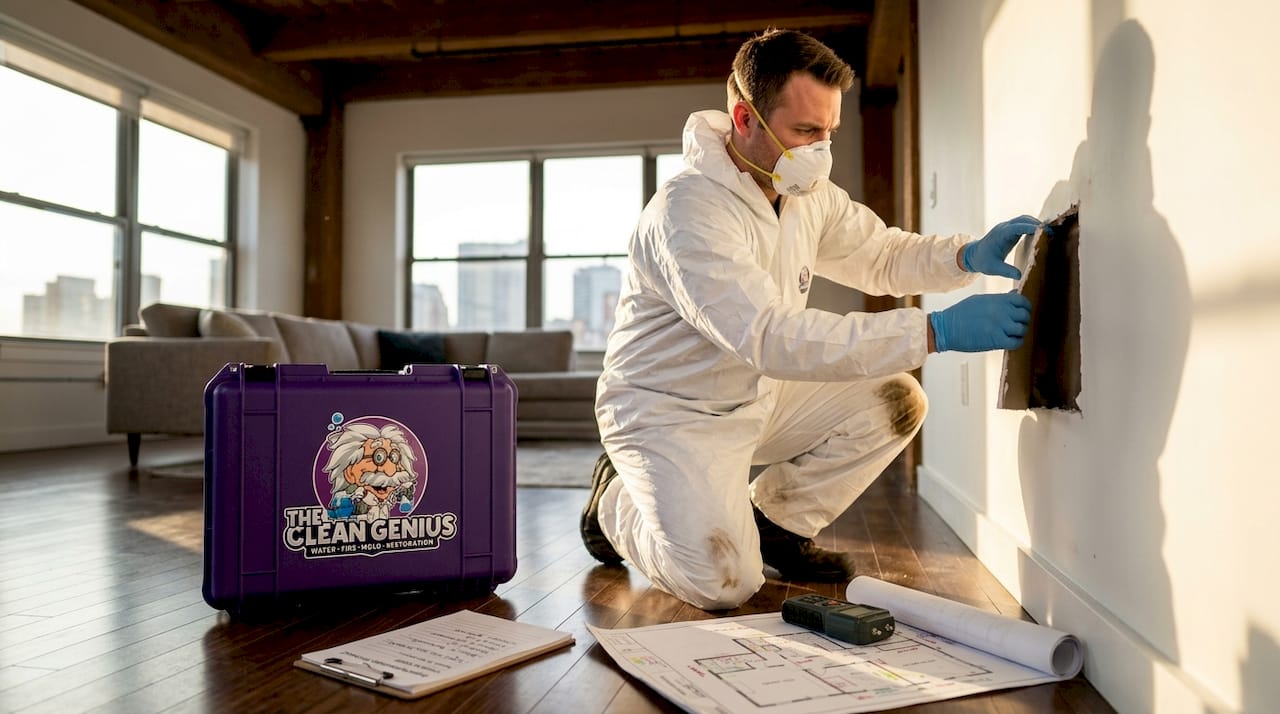 Technician assessing mold in Chicago home wall