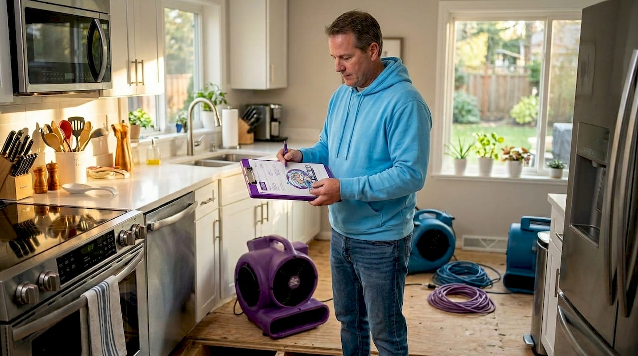 Homeowner reviewing restoration paperwork in entryway