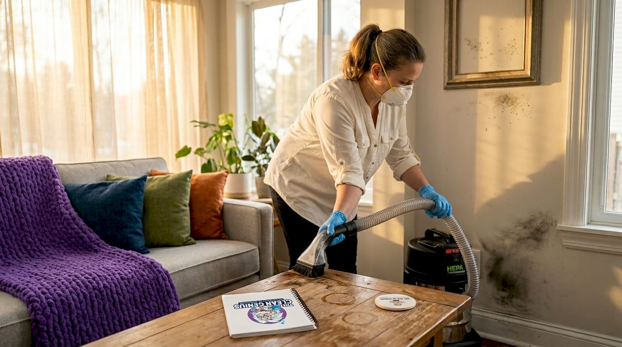 Homeowner vacuuming soot in living room
