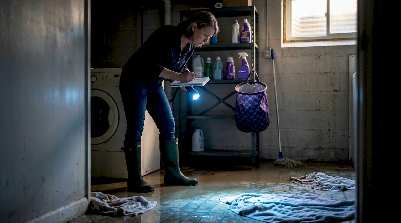 Homeowner assessing flooded basement laundry