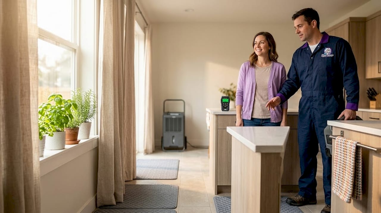 Restoration expert and homeowner in cleaned living room
