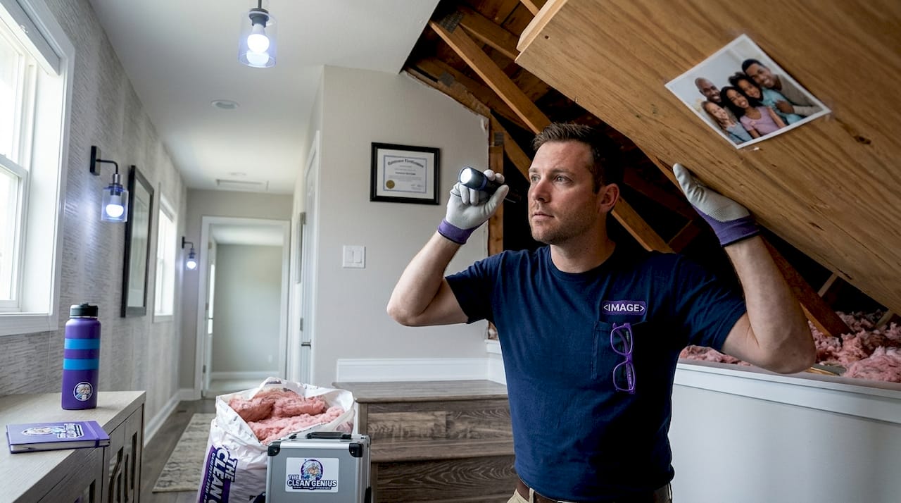 Homeowner inspecting attic hatch for mold