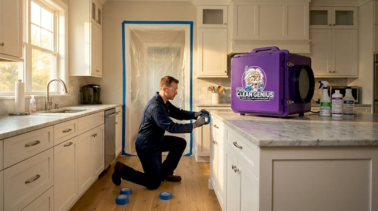 Technician setting up mold containment barriers indoors