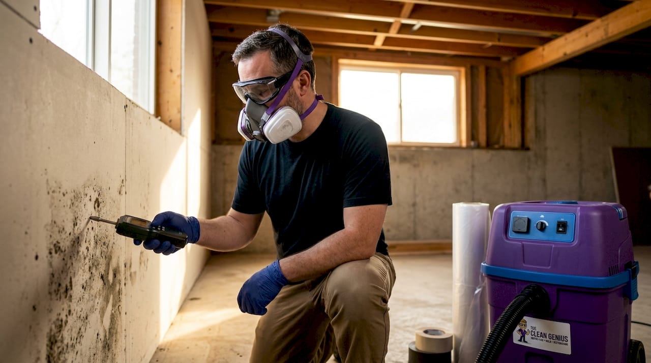 Mold remediation professional inspecting basement wall