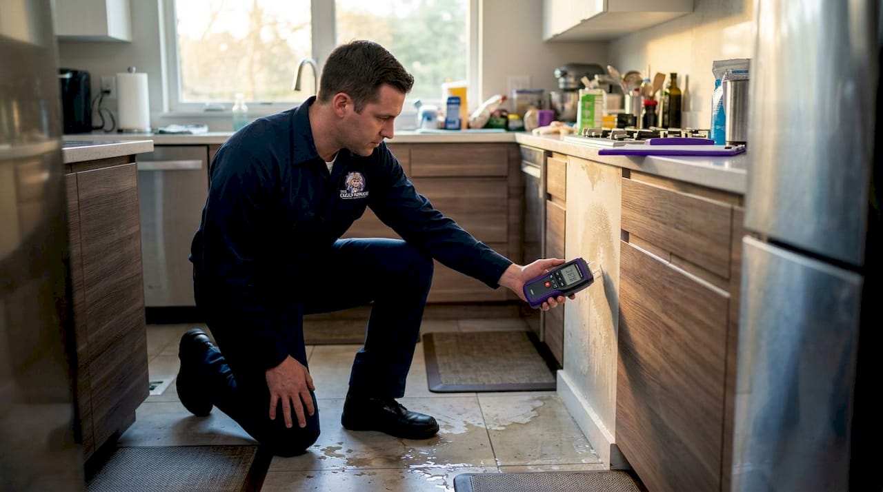 Technician measuring moisture in water damaged room