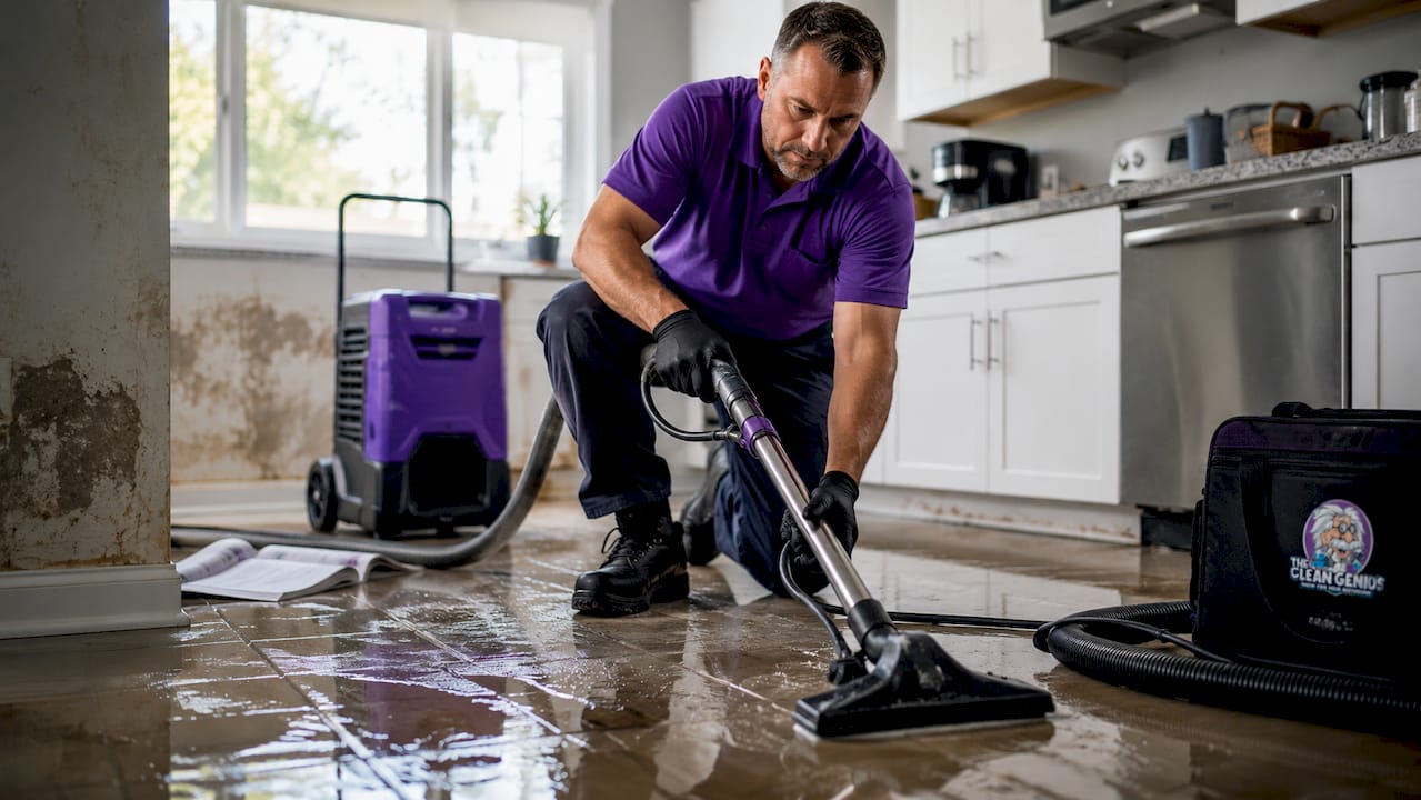Technician extracting water in flooded living room