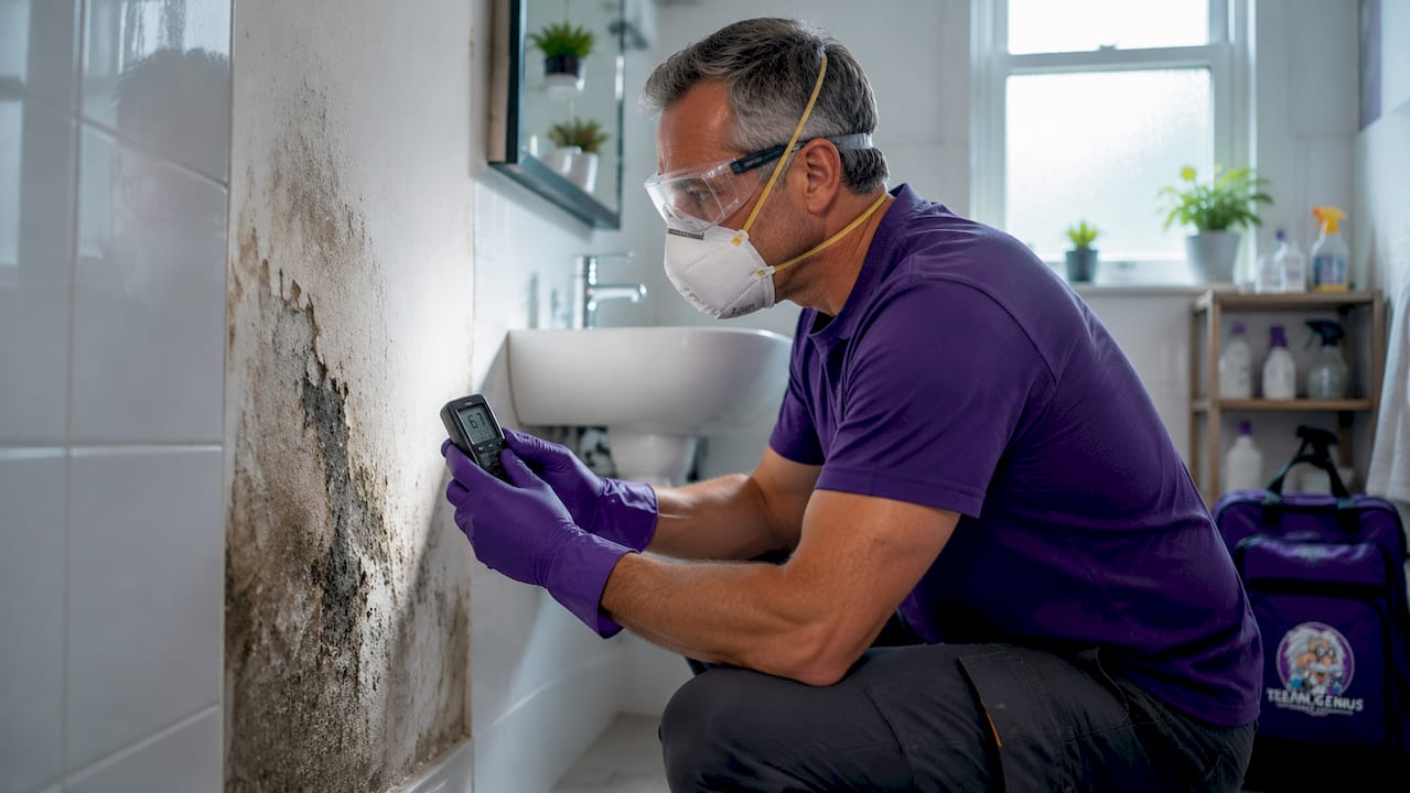 Homeowner wearing PPE inspecting moldy wall