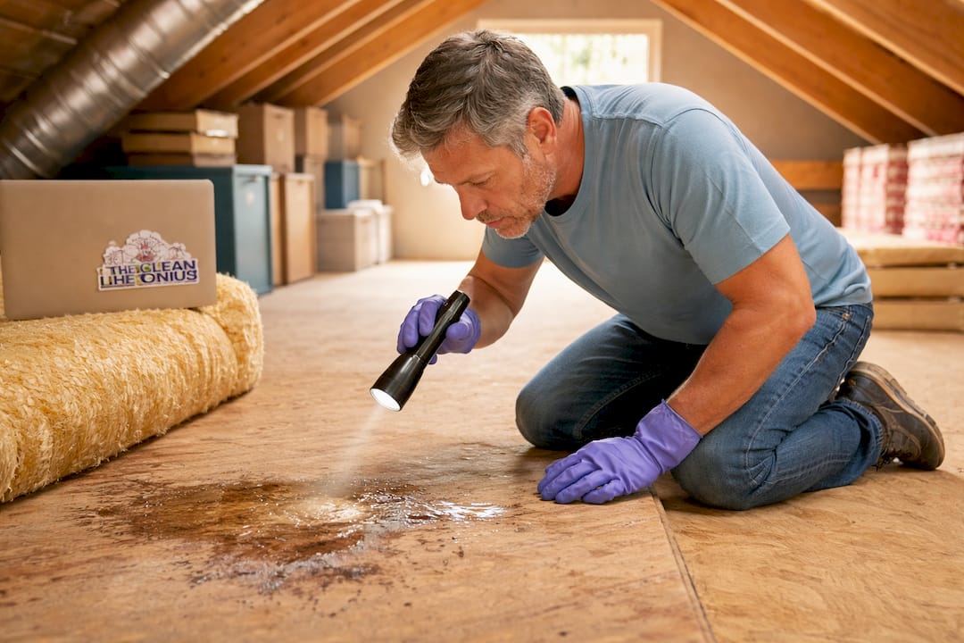 Homeowner inspecting attic moisture damage