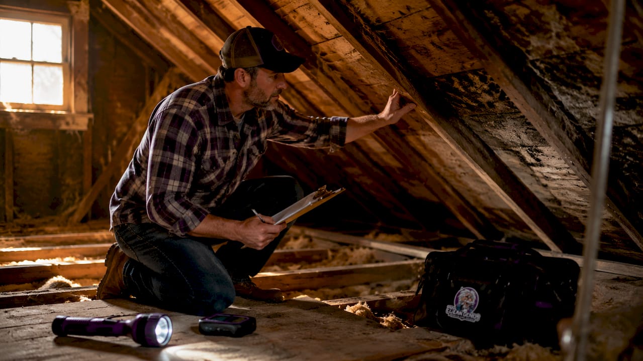 Man inspecting attic mold in home