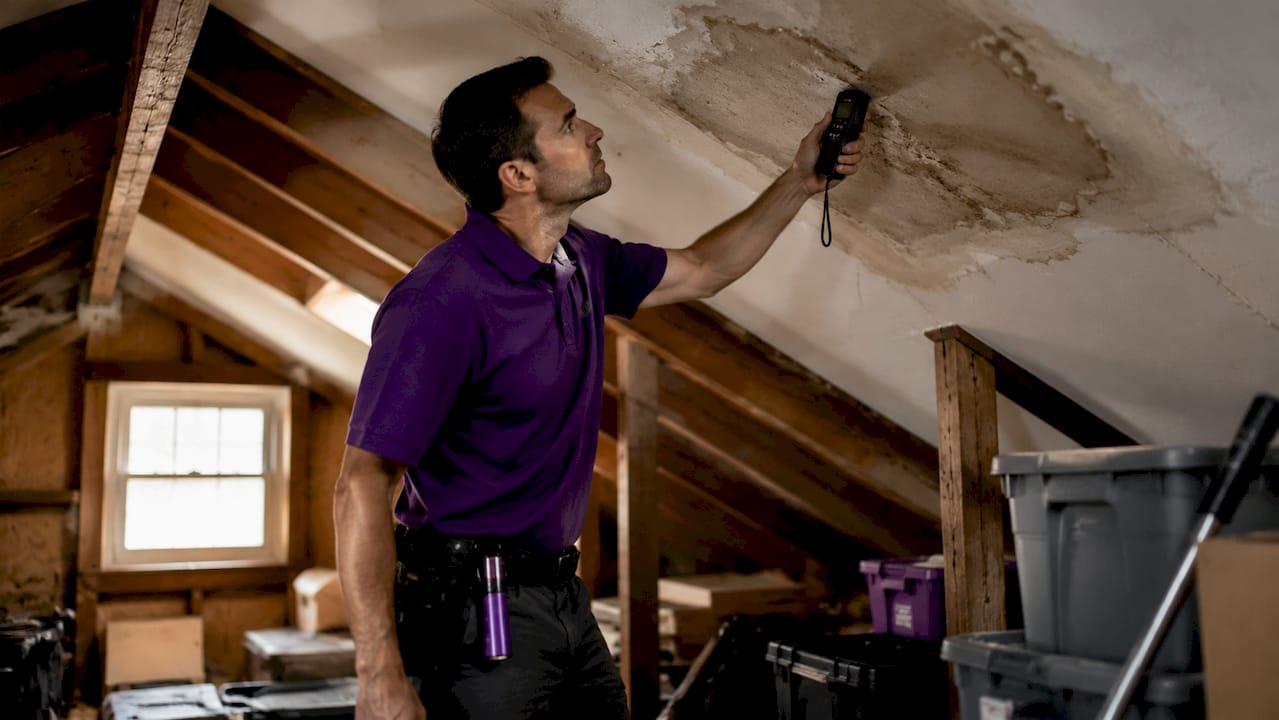 Home inspector measuring water damage indoors