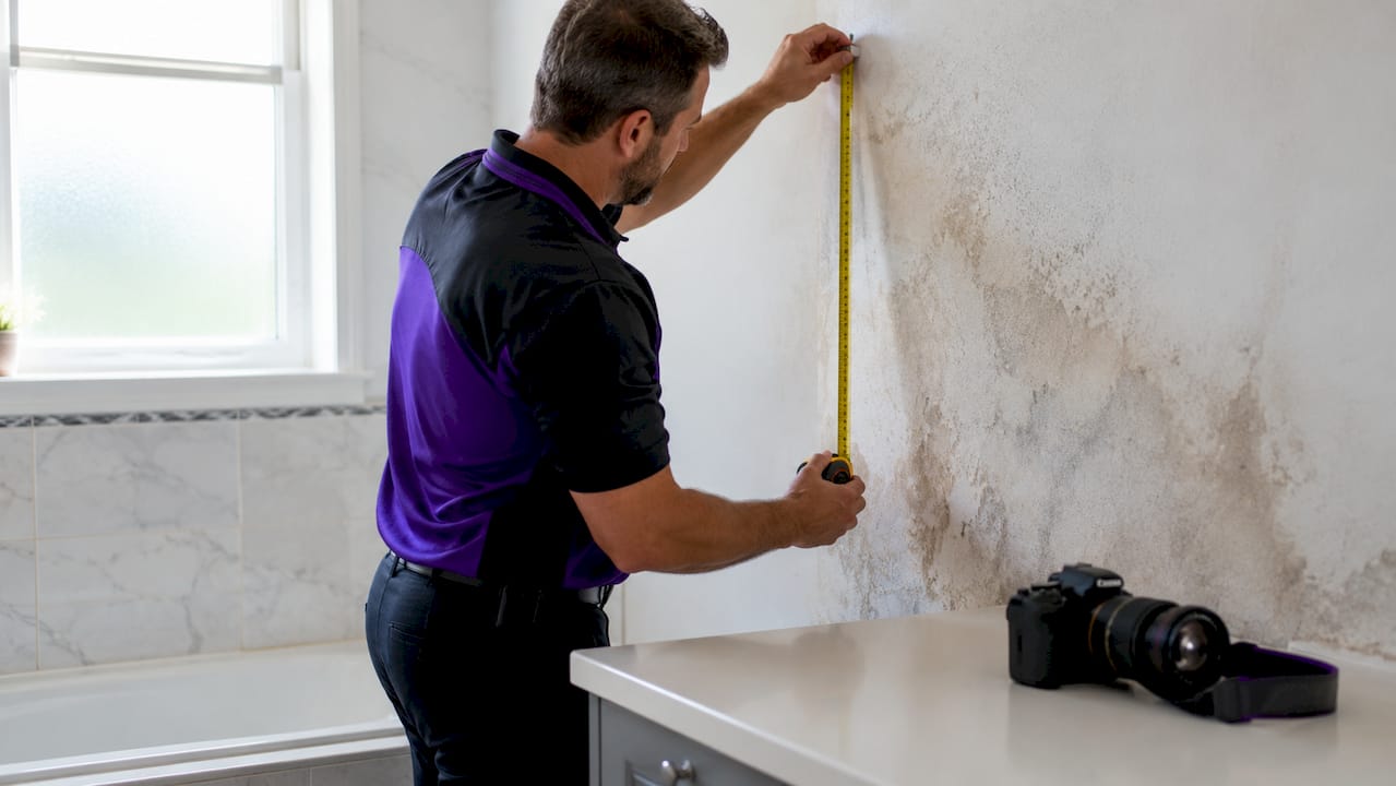 Close-up measuring water mark on wall