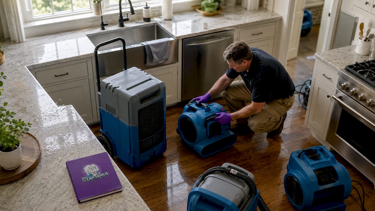 Technician inspecting water damage restoration equipment indoors