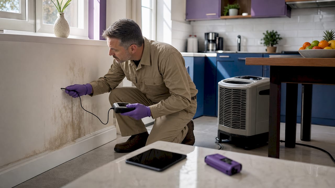 Restoration expert measuring water damage inside home