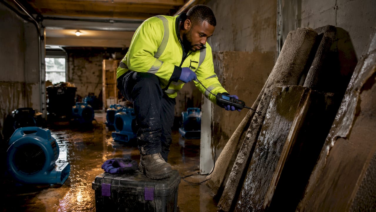 Technician measuring moisture in flooded basement