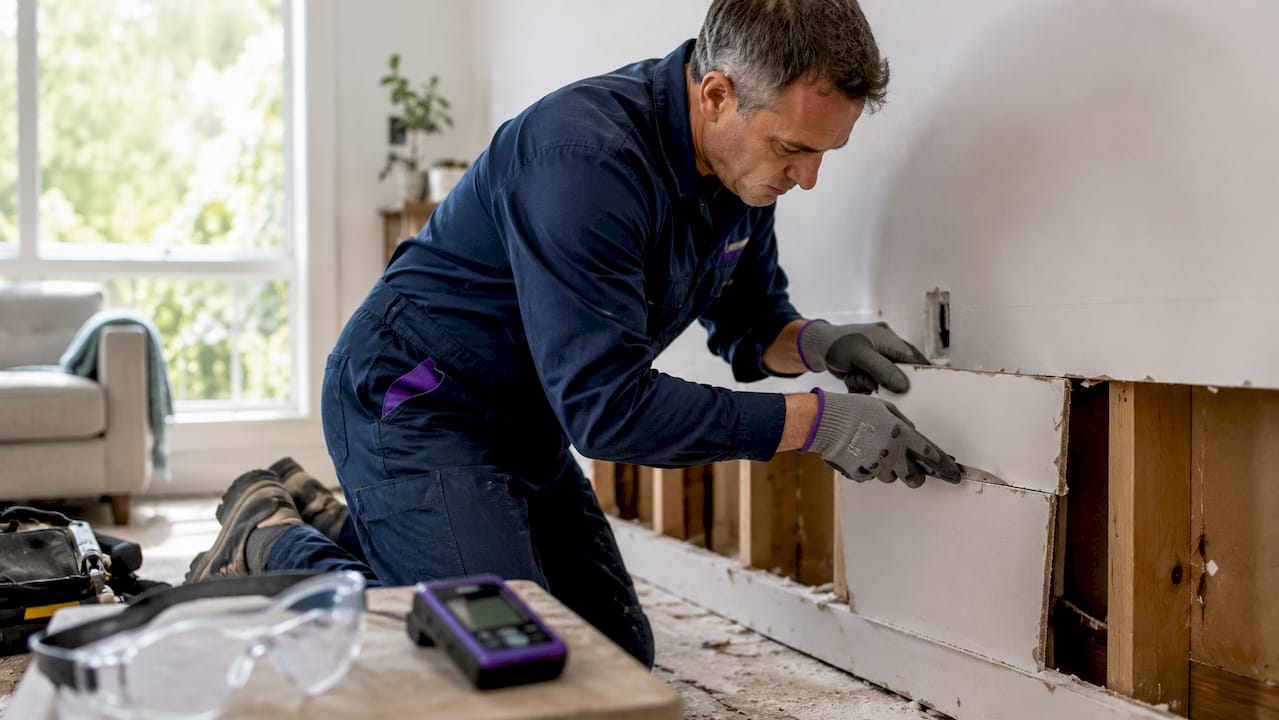 Technician removing water-damaged drywall indoors