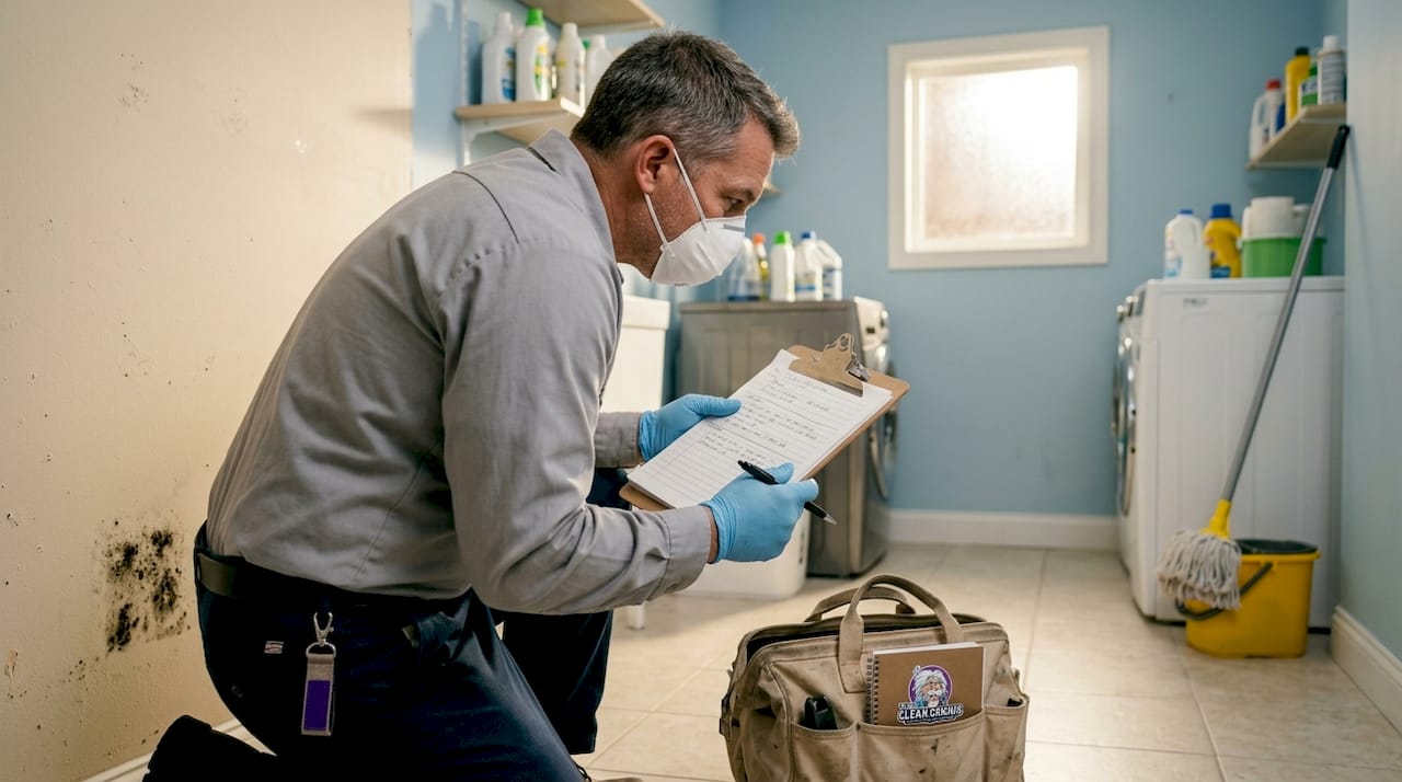 Man inspecting mold spot with protective gear