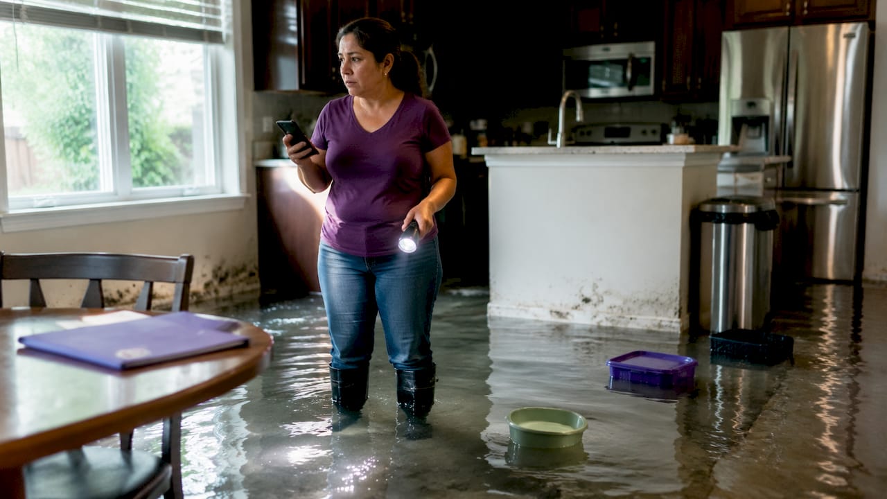 Woman assessing flood damage inside flooded home