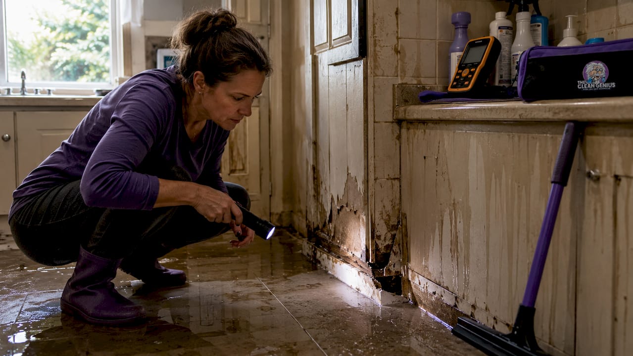 Homeowner inspecting mold damage indoors