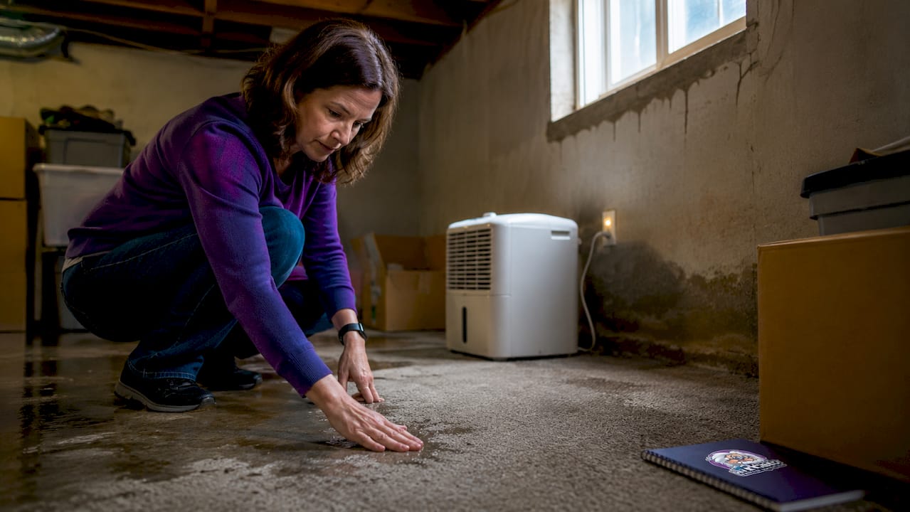 Woman inspecting water damage on hardwood floor