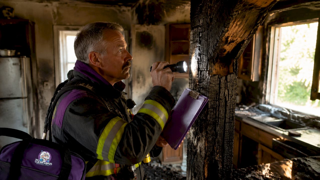 Firefighter inspecting charred wood beam indoors