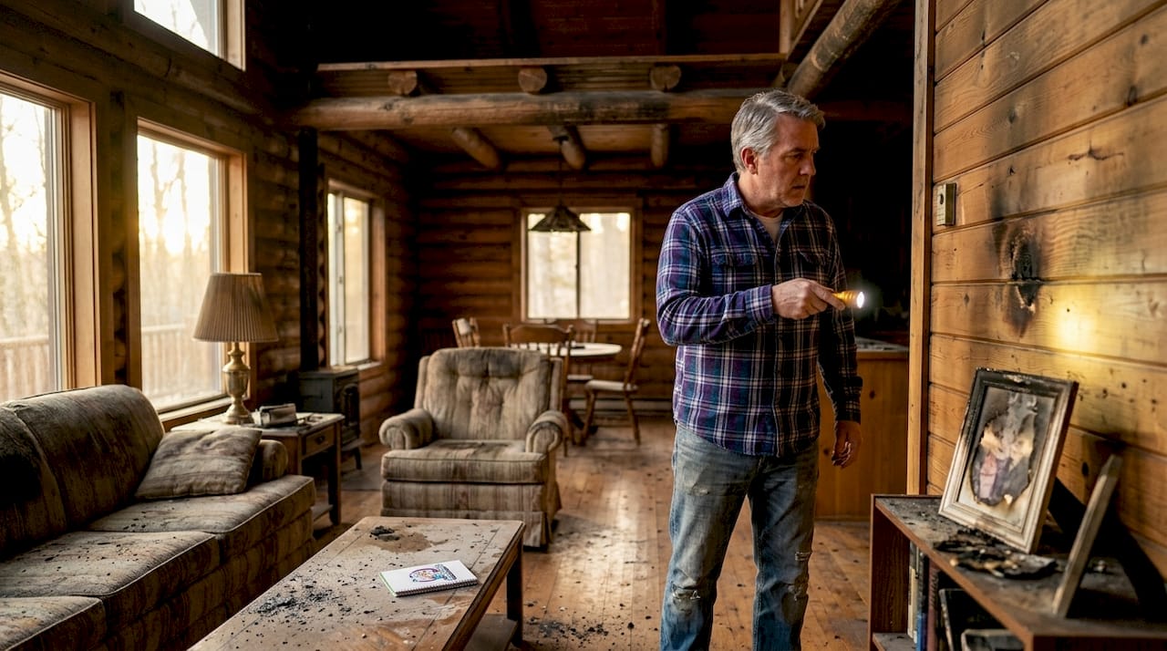 Homeowner inspecting smoke-damaged living room walls