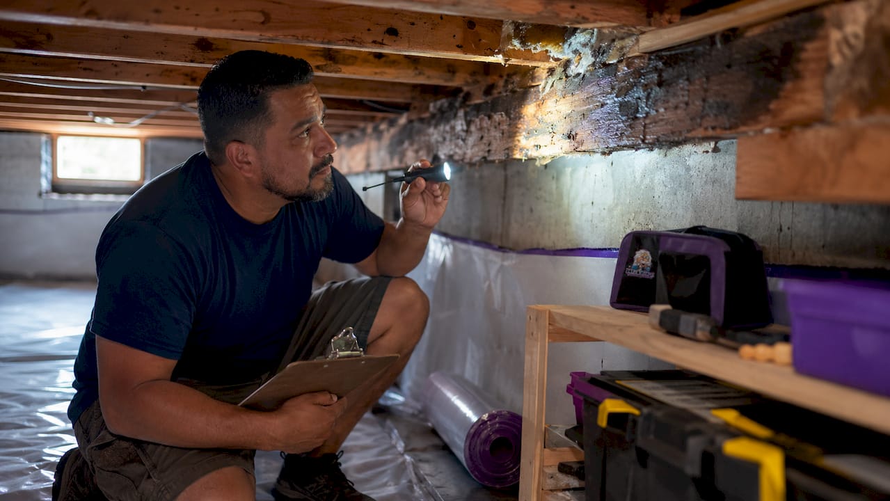 Homeowner inspecting mold encapsulation in a basement crawl space