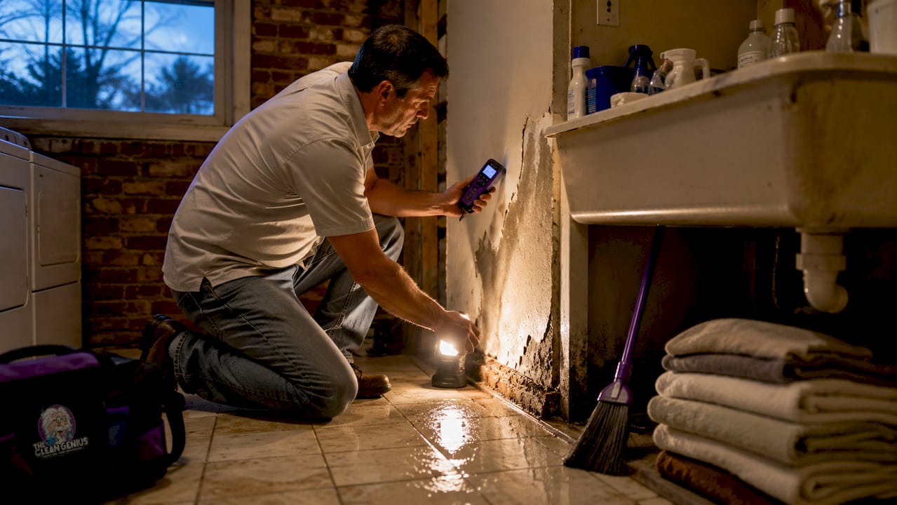 Homeowner inspecting water damage in basement