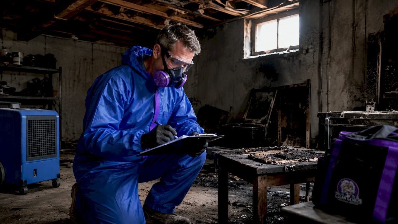 Technician inspecting fire damaged living room