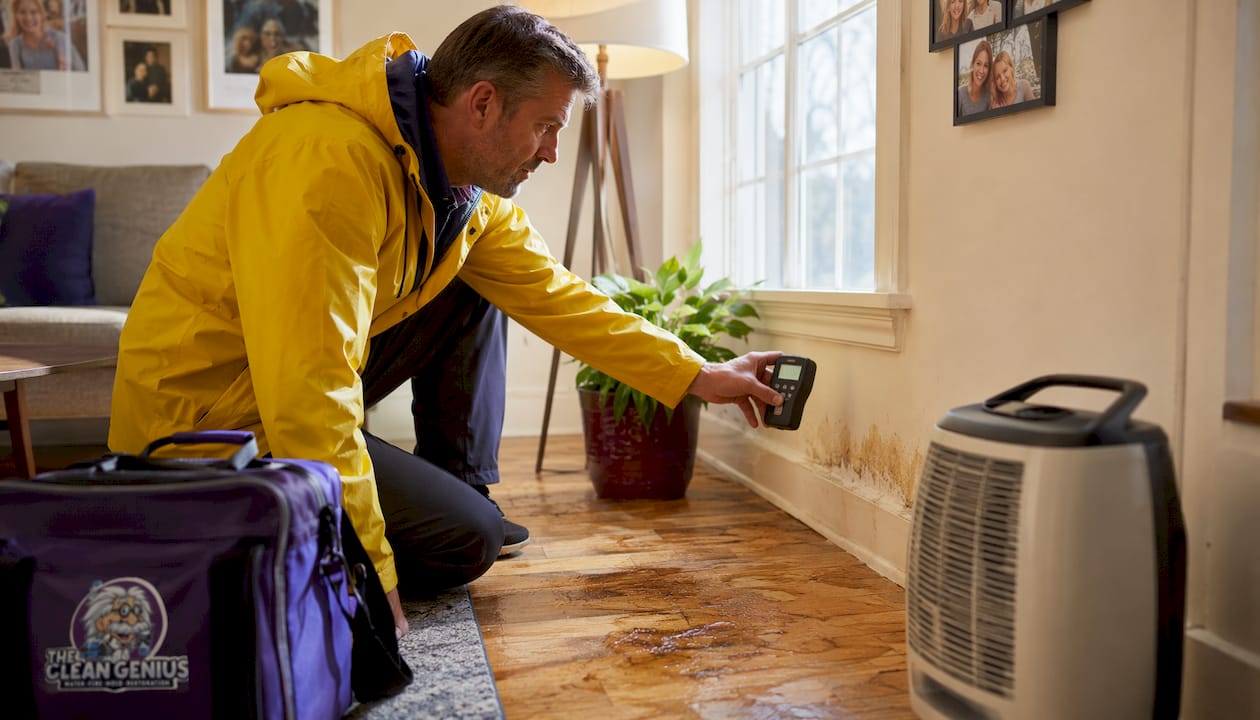 Man inspecting water damage in basement