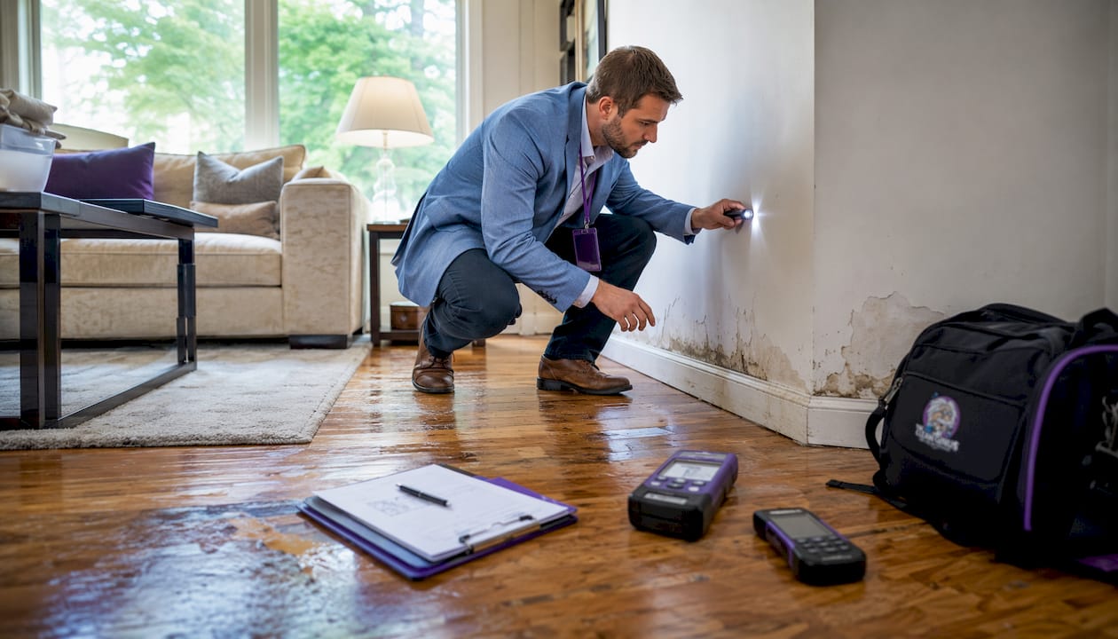 Claims adjuster inspecting damaged drywall