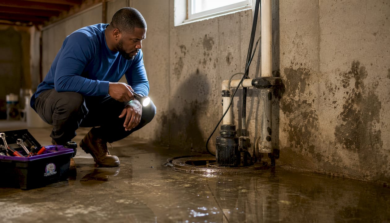 Homeowner inspecting failed sump pump in basement