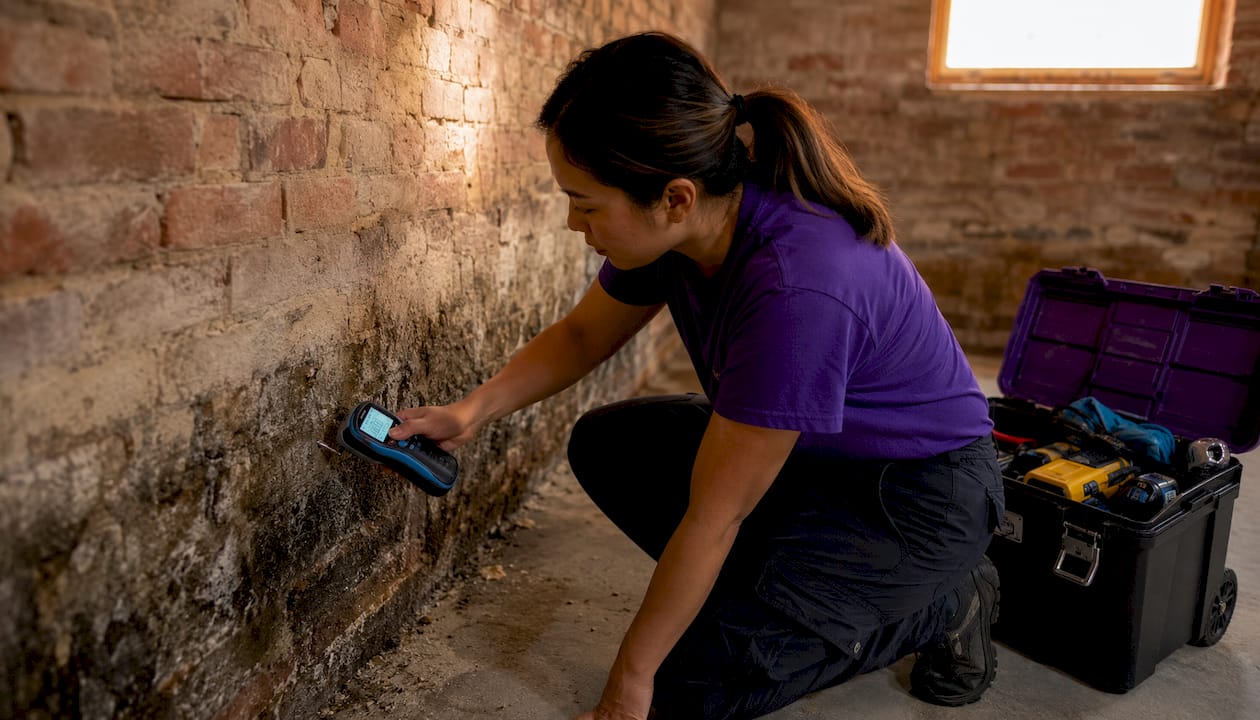 Specialist using moisture meter on basement wall