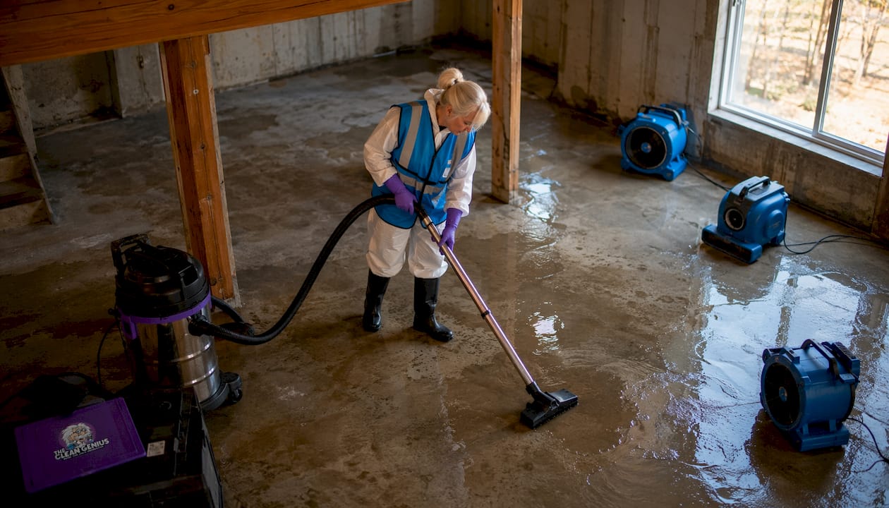Technician extracting water with wet vacuum in basement