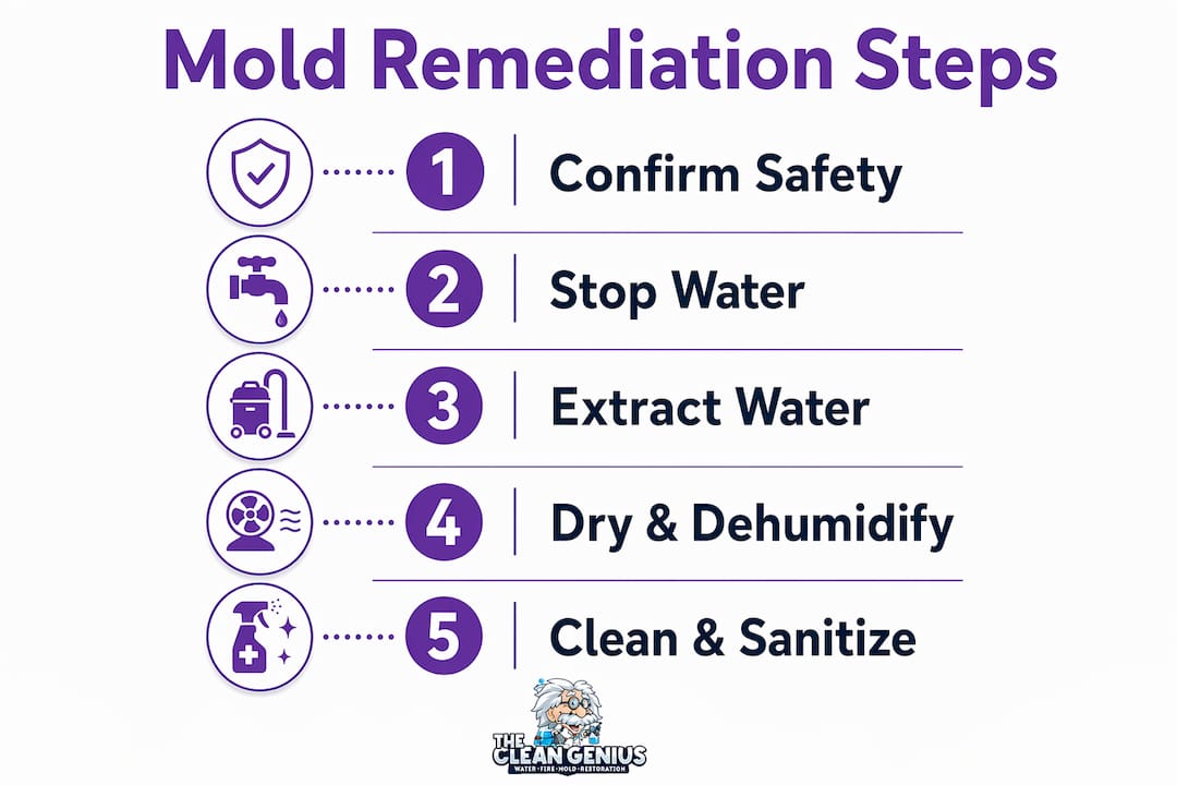 Infographic illustrating five essential mold remediation steps after sump failure