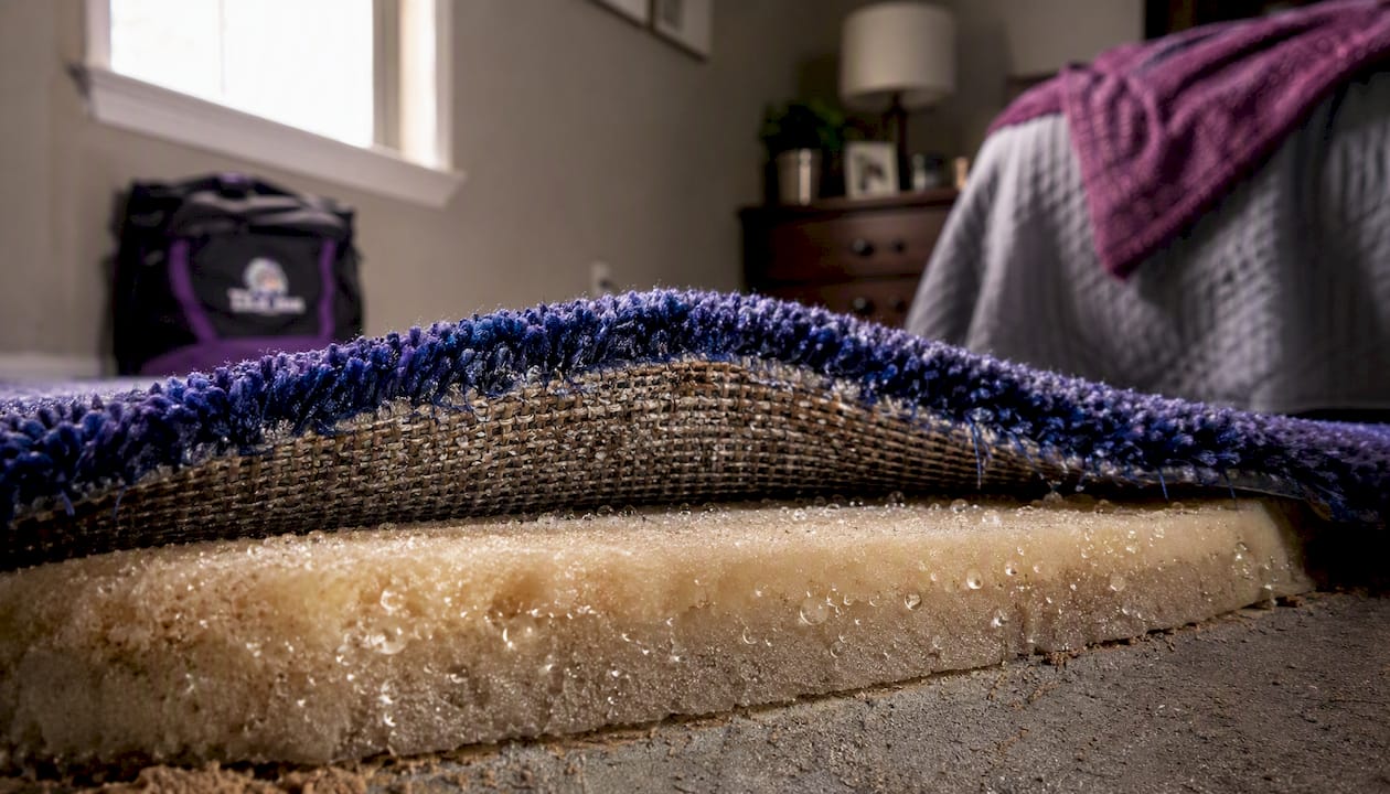 Close-up of carpet layers showing mold growth