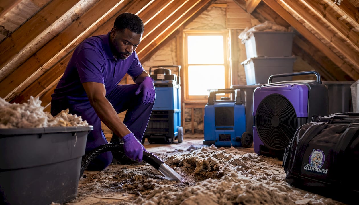 Technician removing moldy carpet padding