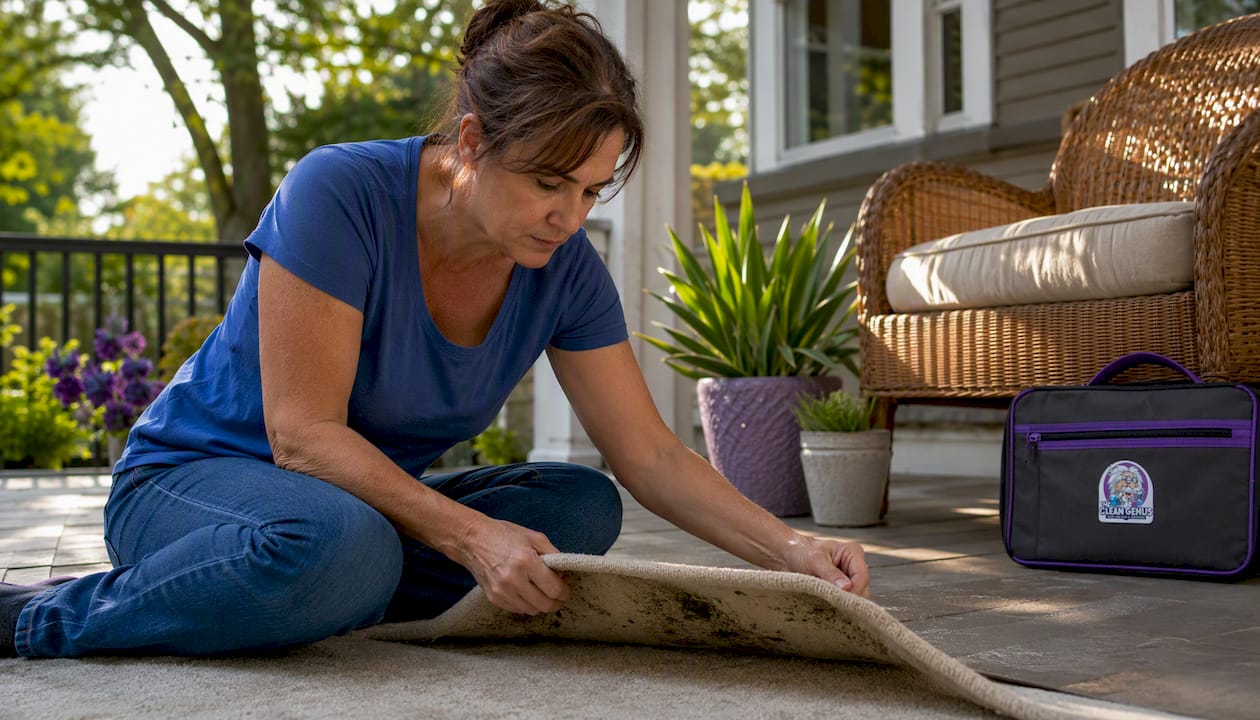 Homeowner inspecting mold under carpet edge