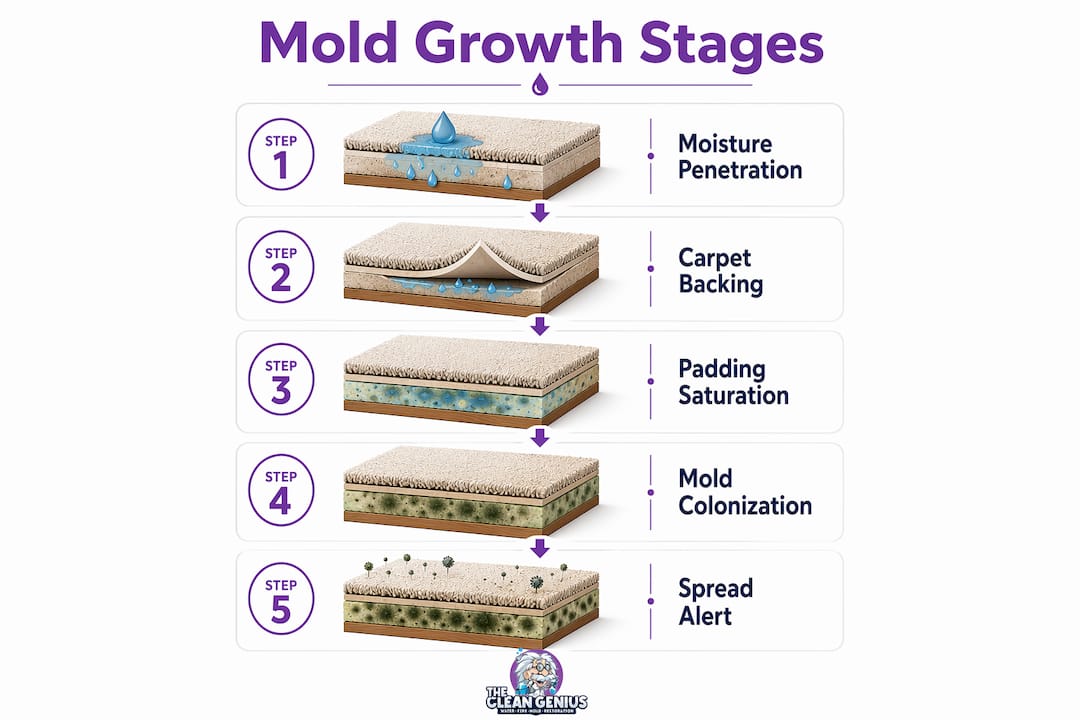 Infographic detailing mold growth stages under carpet