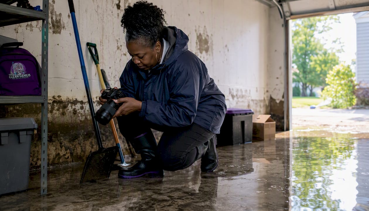 Woman photographing flood damage in basement