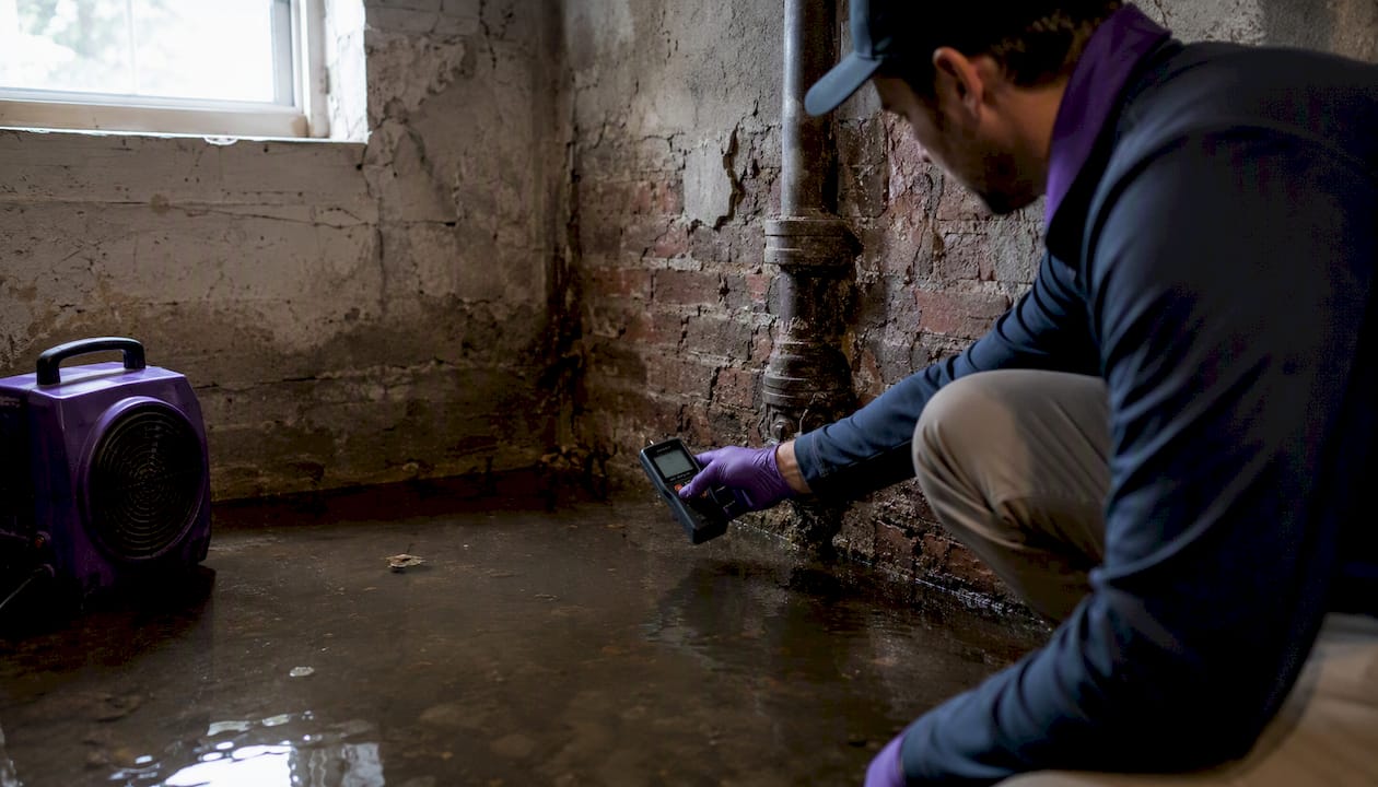 Moisture meter measuring basement flood water