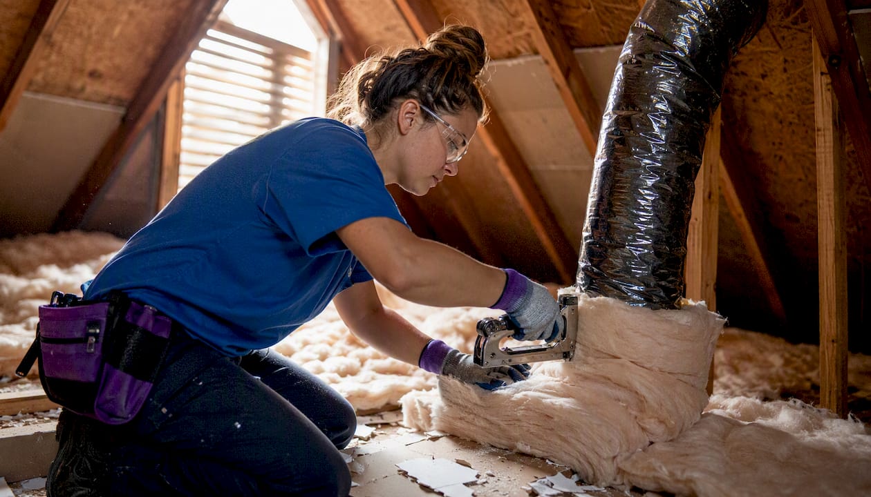 Hands installing attic insulation near vents