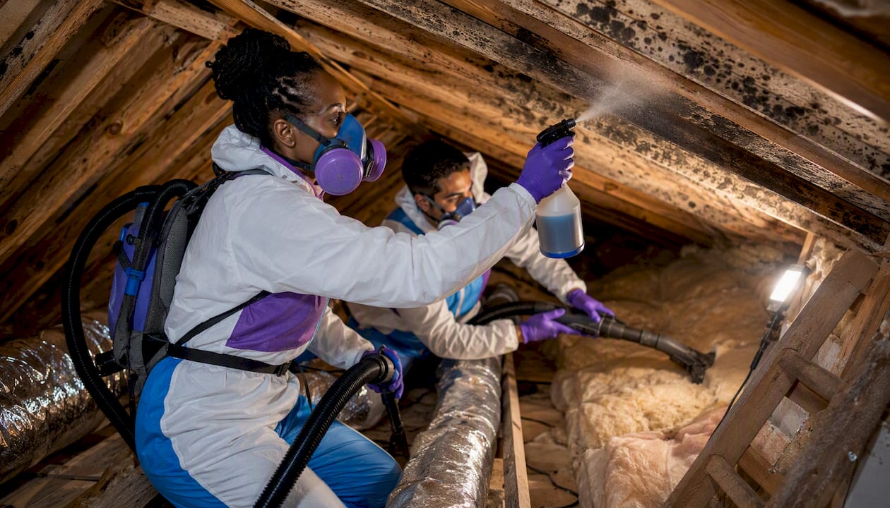 Diverse team removing mold from attic